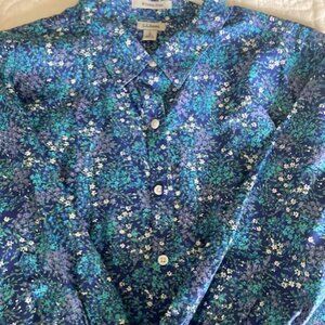 LLBean 3/4 sleeve, button-down shirt, multi blue/white floral, size L